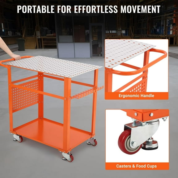 36" x 24" Welding Table, 600 Lbs Heavy Duty Steel Welding Fixture Table with 5/8 Inch Holes and Pegboard, Industrial Welding Workbench with Wheels for Shop Garage