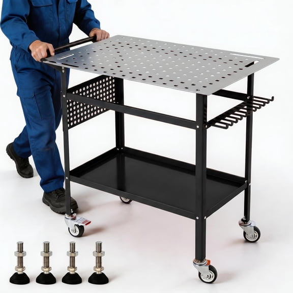 36" x 24" Welding Workbench, Welding Table Carbon Steel with 800LBS Weight Capacity, Portable Welding Bench with 2 Swivel, 2 Fixed Casters, Side Pegboard, Hooks, Storage Tray, 5/8 Inch Locating Holes