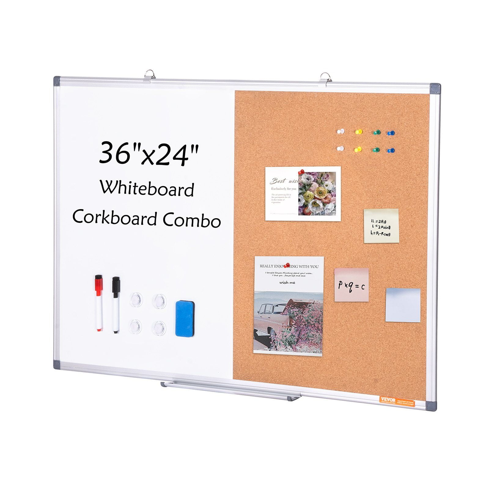 36" x 24" Whiteboard & Cork Board Combo - Double-Sided Aluminum Frame Bulletin Board for Home, School & Office - Dry Erase Magnetic Whiteboard + Cork Pinboard for Notes, Memos & Schedules