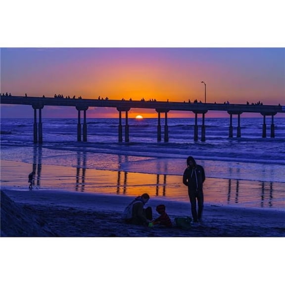 36 x 24 in. Ocean Beach, San Diego Pier Sunset with Family Fine Print Wall Art