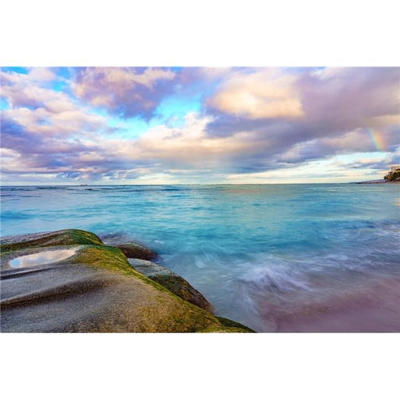 36 x 24 in. Waikiki Beach Sunrise with Rainbow Fine Print Wall Art