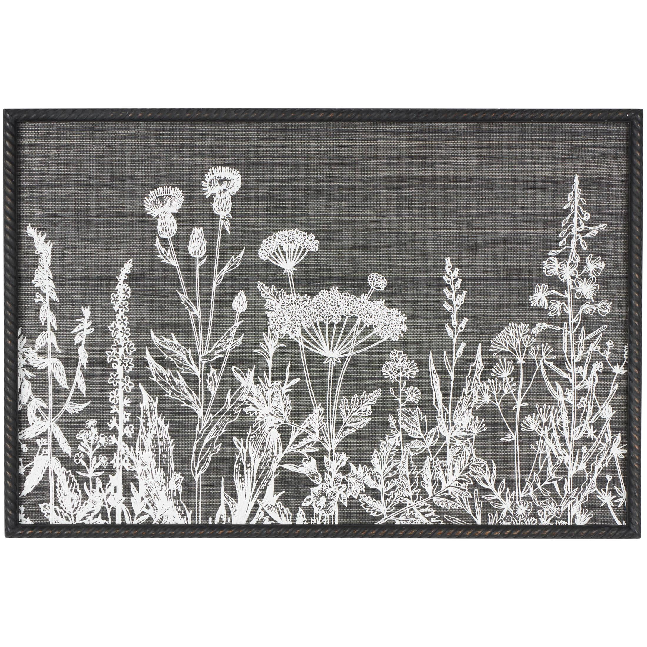 36" x 25" Relief Floral Framed Wall Art with Gray Textured Backing and Black Twisted Frame, by DecMode