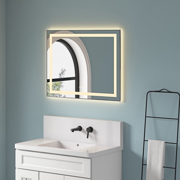36" x 28" LED Bathroom Mirror with Front and Backlight, Wall Mounted Vanity Mirror with Aluminum Frame, Anti-Fog, Memory, 3 Colors, Stepless Dimmable