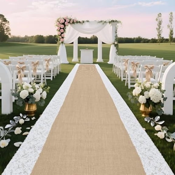 36" x 30ft Natural Burlap Wedding Runner Aisle for Wedding Ceremony Aisle Runner with Lace Jute Rustic Decorations Outdoor Beach Garden Church(1, 3X30FT)