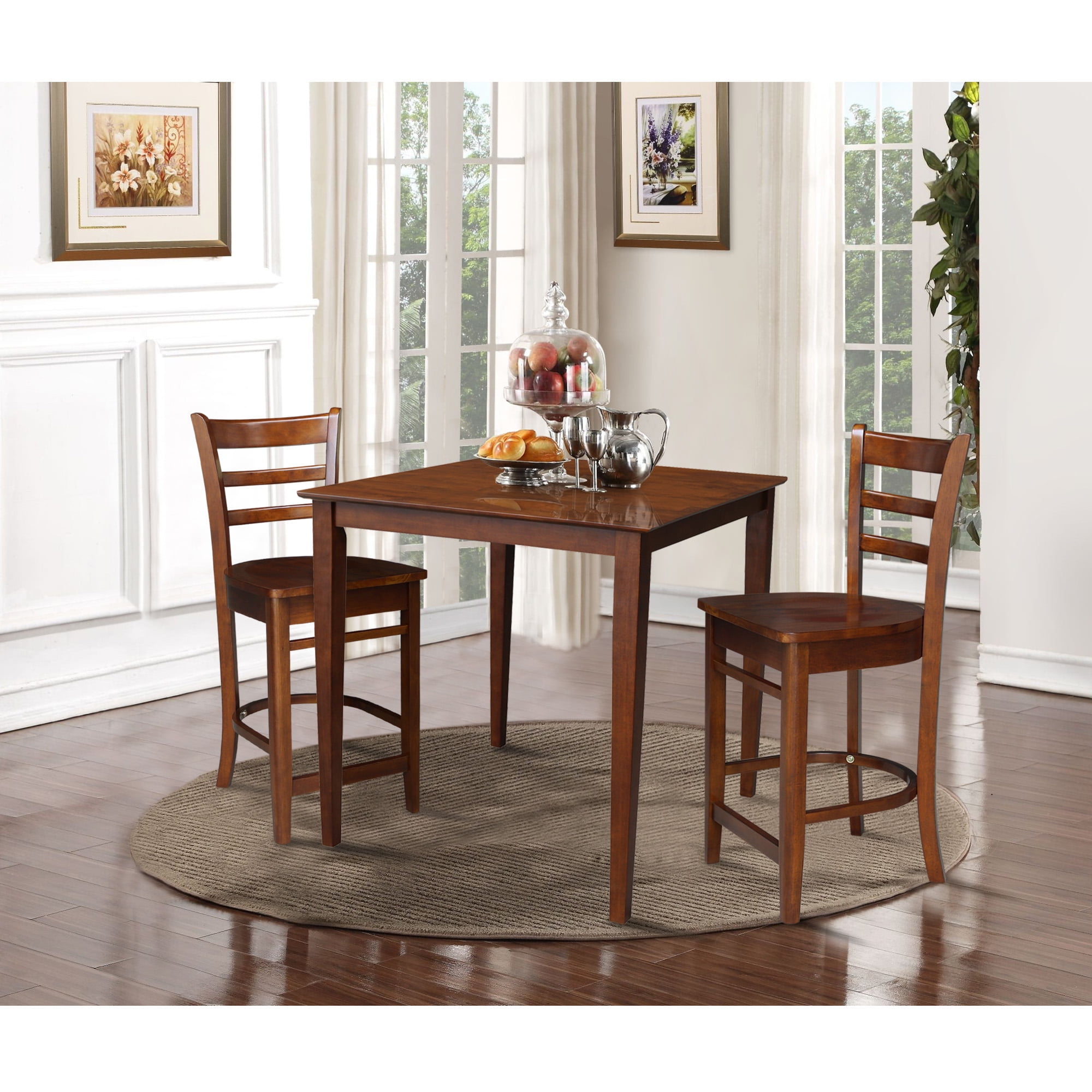 Espresso Solid Wood Counter Height Dining Set with 2 Stools