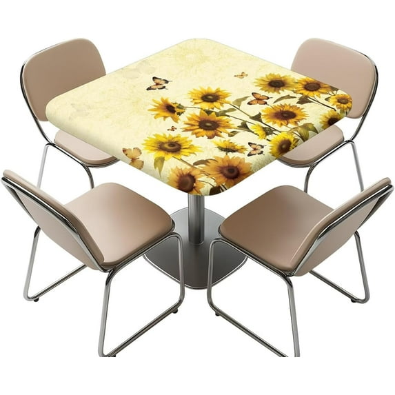 36 x 36 inch Square Fitted Tablecloth with Elastic Edges Sunflower Cow Print Stretchy Fabric Folding Card Table Cover for Indoor Outdoor Patio Party Decor