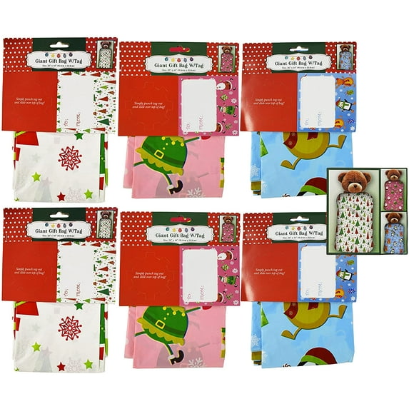 36" x 44" Giant Gift Bags With Tag - 3 Christmas Themes and Colors Including Pink, Blue, and White! (Set of 6)