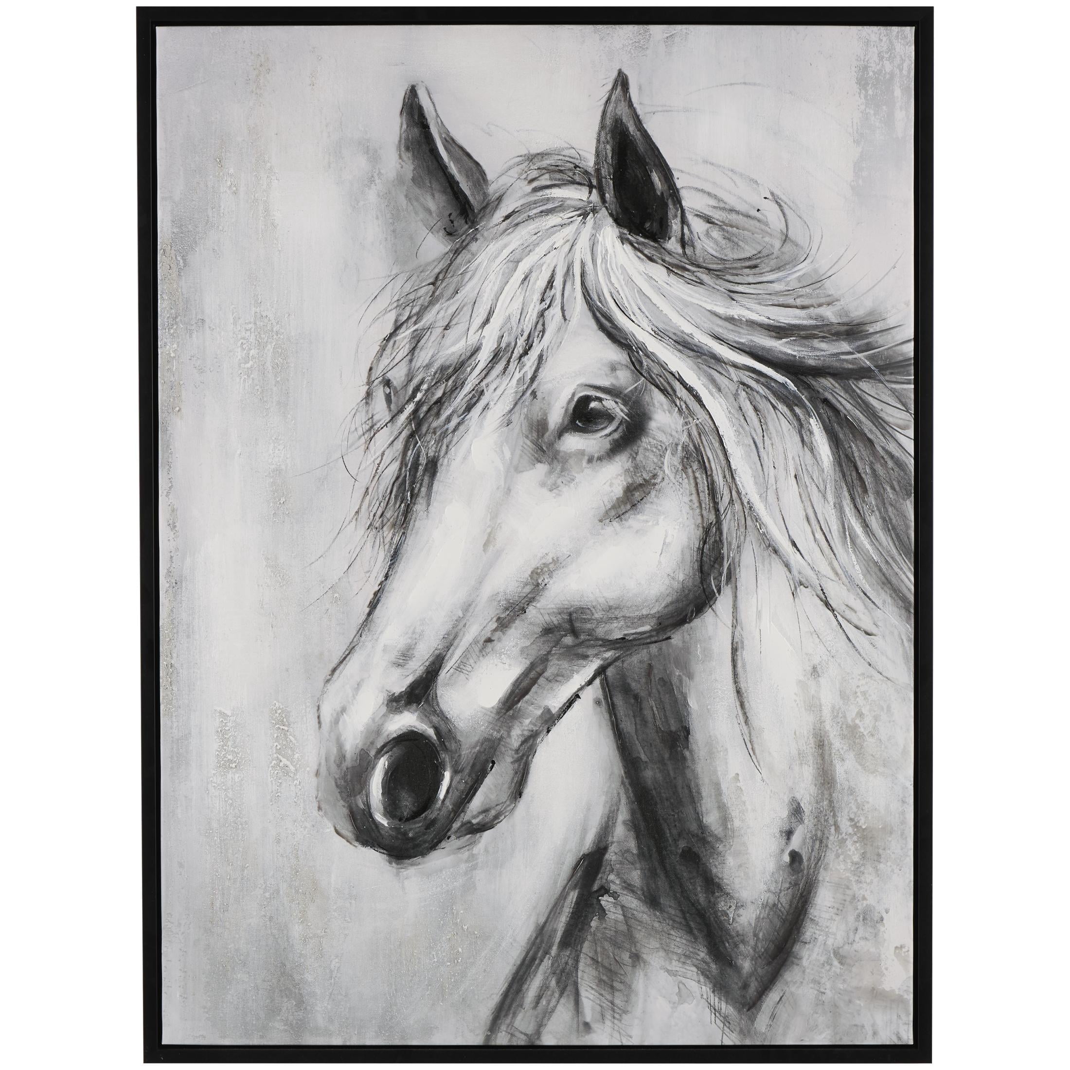 36" x 47" Hand Drawn Inspired Shaded Horse Framed Wall Art with White Background, by DecMode