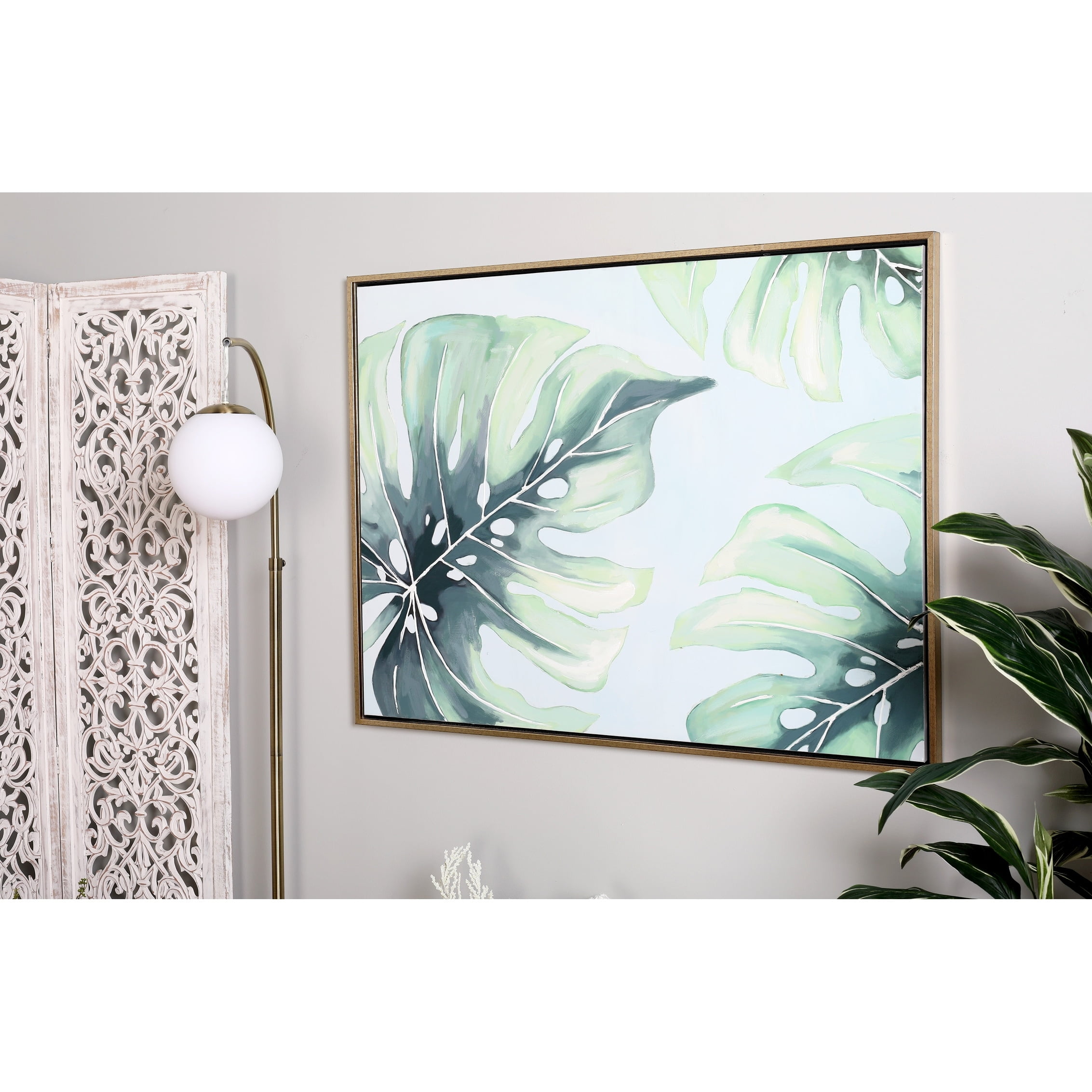Green Monstera Leaf Abstract Canvas Wall Art with Gold Frame