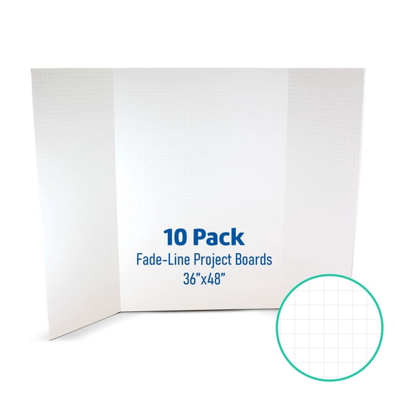 36” x 48” Fade-Line White Foam Trifold Project Board, 1/2" Subtle Grid Lines for Alignment, 10 Pack