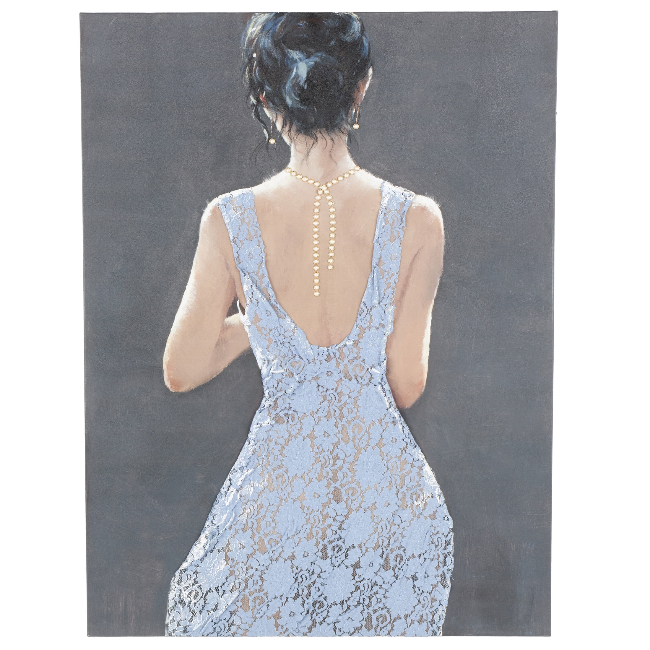 36" x 48" Woman Framed Wall Art with 3D Blue Fabric Dress and Gold Jewels, by DecMode