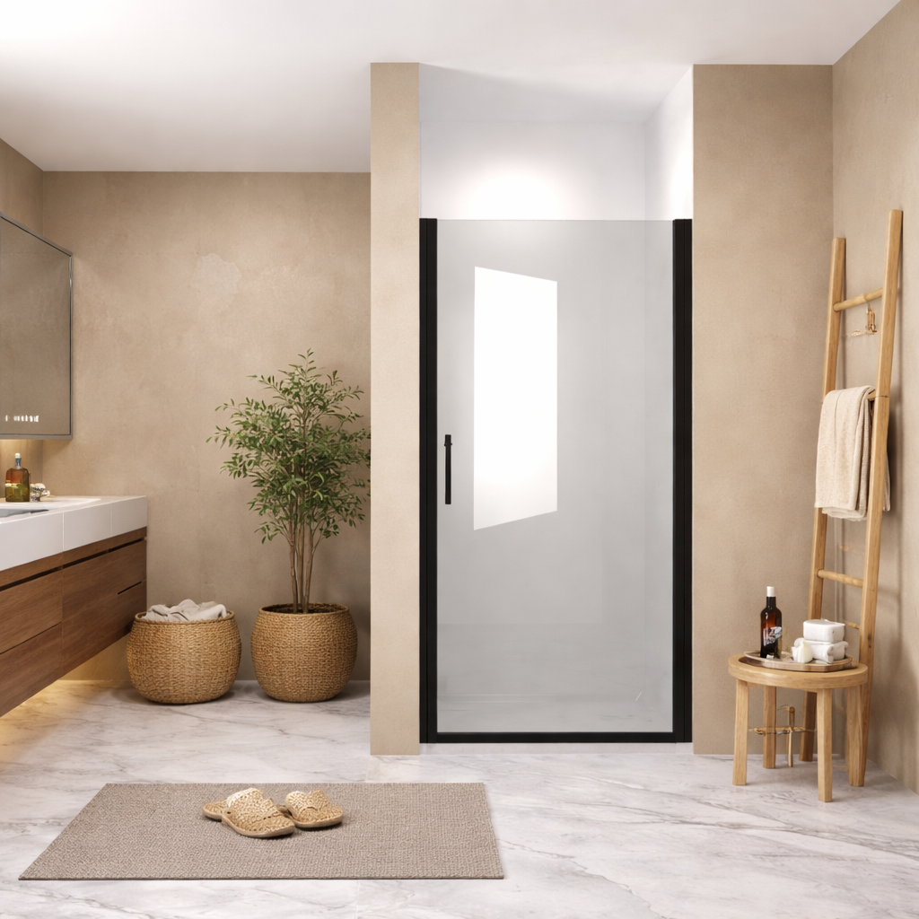 36"x 72" Pivot Shower Door, Matte Black Aluminum Frame, Half Frame ,1/4"(6mm) Tempered Glass Explosion Proof Film