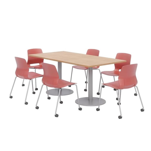 36 x 72" Table - 6 Lola Coral Caster Chairs - Maple Top - Silver Base