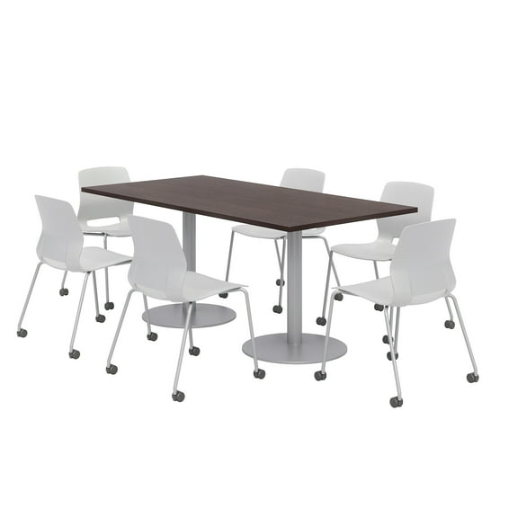 36 x 72" Table - 6 Lola Grey Caster Chairs - Espresso Top - Silver Base