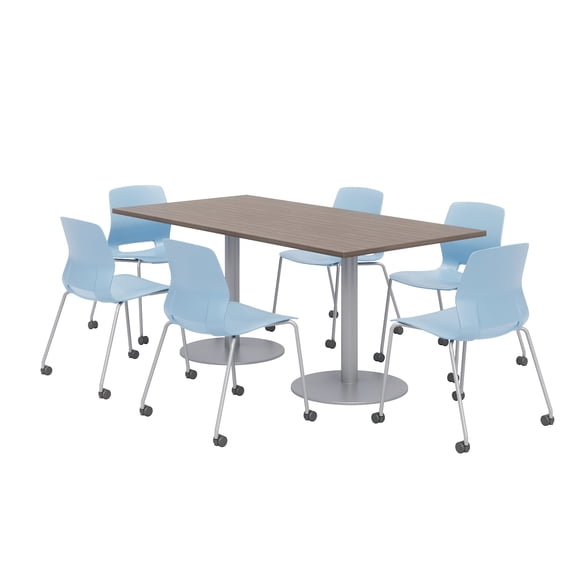 36 x 72" Table - 6 Lola Sky Blue Caster Chairs - Teak Top - Silver Base