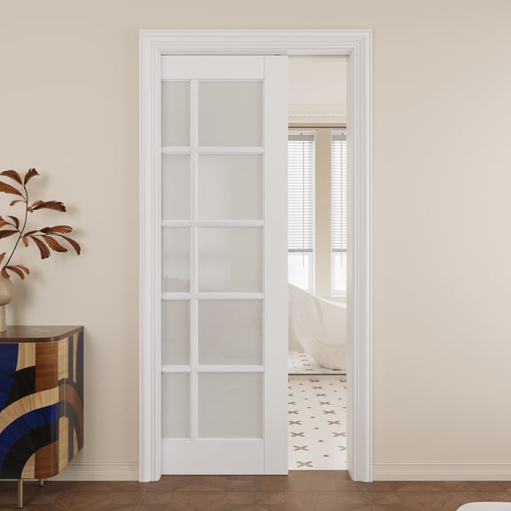 36" x 80" 10-Lite Frosted Glass Pocket Door with Soft Close, Solid Door Panel & Pocket Door Hardware & Frame, Bathroom Door, Bedroom Door, Pre-finished & Paintable, White