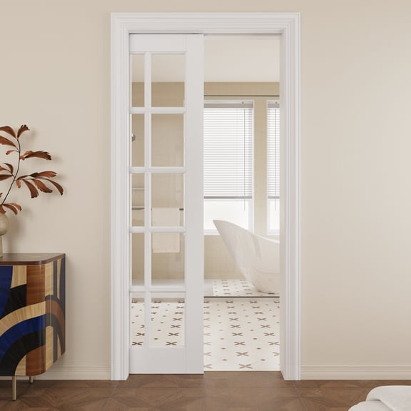 36" x 80" 15-Lite Clear Glass Pocket Door with Soft Close, Solid Door Panel & Pocket Door Hardware & Frame, Bathroom Door, Bedroom Door, Pre-finished & Paintable, White