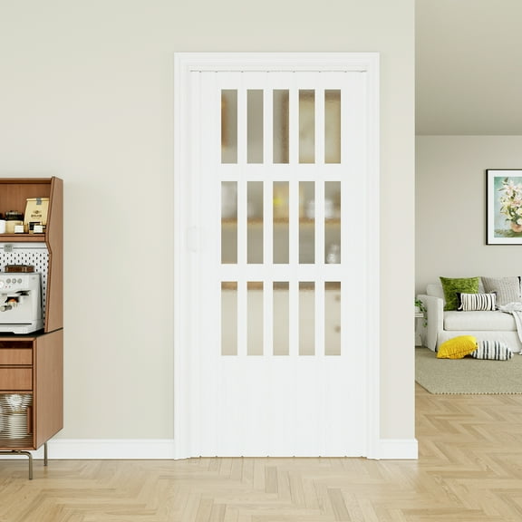 36 x 80 3-Lite Acrylic Glass Dual Layer Accordion Door for Doorway, for Opening Width 24"-36", Strong Magnet Folding Door, Trimmable Height&Width,Room Divider for Pantry Laundry RV, White