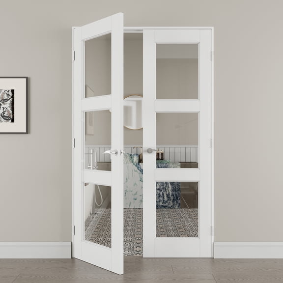 36" x 80" 3 Panel Clear Glass Double Doors with French Door Ready-to-Assemble Jamb, Solid Door, Silver Levers & Hinges, Interior Door, Pre-finished & Paintable, White