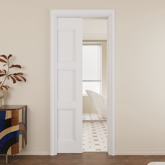 36" x 80" 3 Panel Pocket Door with Soft Close, Molded Solid Core Door Panel & Pocket Door Hardware & Frame, Bathroom Door, Bedroom Door, Pre-finished & Paintable, White