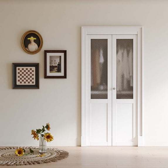 36" x 80" Half Lite Frosted Glass Bifold Doors with Hardware Kit & Knob, Solid Core MDF Wood, Interior Folding Door for Closet, Pantry Door, White Wood Texture Surface