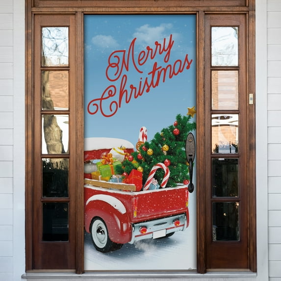 36" x 80" Christmas Front Door Banner - Vintage Red Truck & Tree - Charming Winter Outdoor Décor