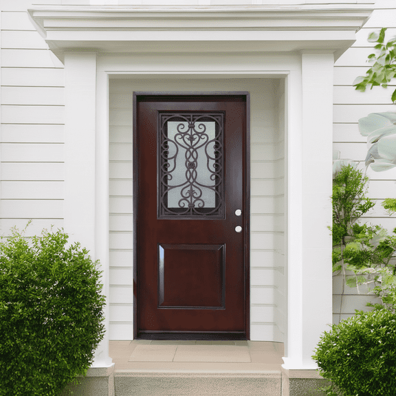 36" x 80" Environment Damage Resistant Polyurethane Composite Exterior Entry House Front Door, Openable Tempered Rain Glass Window, Left-Hand Single Door Inward Swing Dark Walnut PCD11