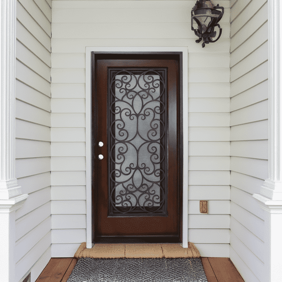 36" x 80" Environment Damage Resistant Polyurethane Composite Exterior Entry House Front Door, Openable Tempered Rain Glass Window, Right-Hand Single Door Inward Swing Dark Walnut FR06