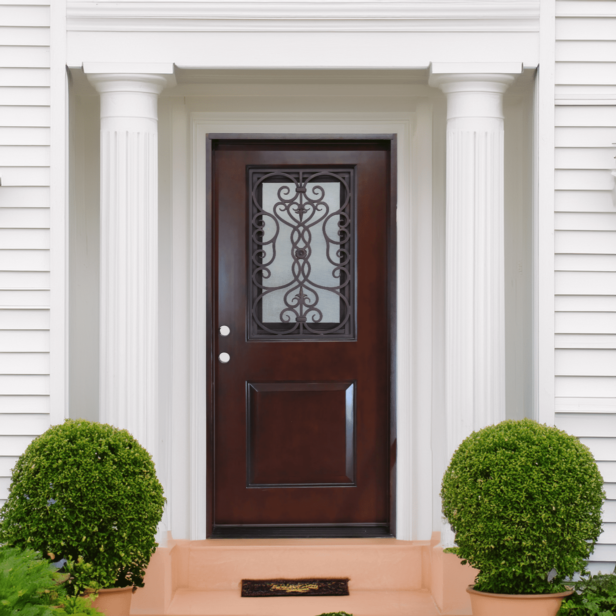 36" x 80" Environment Damage Resistant Polyurethane Composite Exterior Entry House Front Door, Openable Tempered Rain Glass Window, Right-Hand Single Door Inward Swing Dark Walnut PCD11