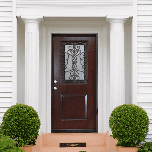 36" x 80" Environment Damage Resistant Polyurethane Composite Exterior Entry House Front Door, Openable Tempered Rain Glass Window, Right-Hand Single Door Inward Swing Dark Walnut PCD11