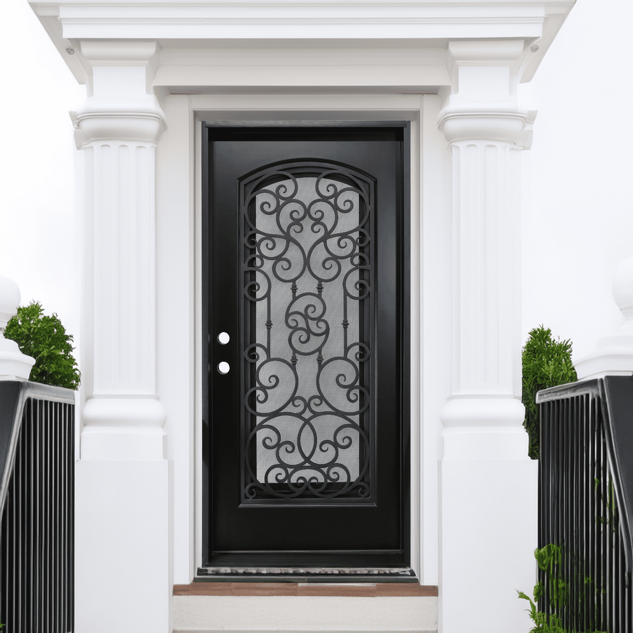 Austin Exterior Double Front Entry Door Wrought Iron With Operable Tempered Rain Glass Inside Swing Dark Bronze Finish (62 By 82 Right Hinge Active
