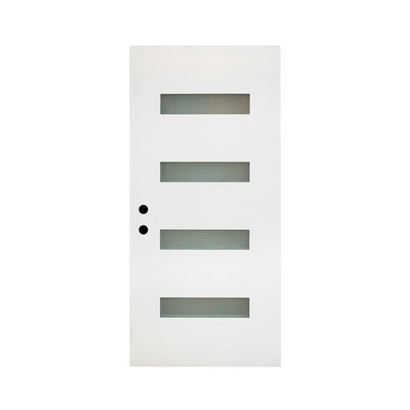 36 x 80 Fiberglass Entry Door Slab, White 4-Lite Frosted Glass Front Door, Right Hand Inswing Modern Knock-Down Exterior Door Slab