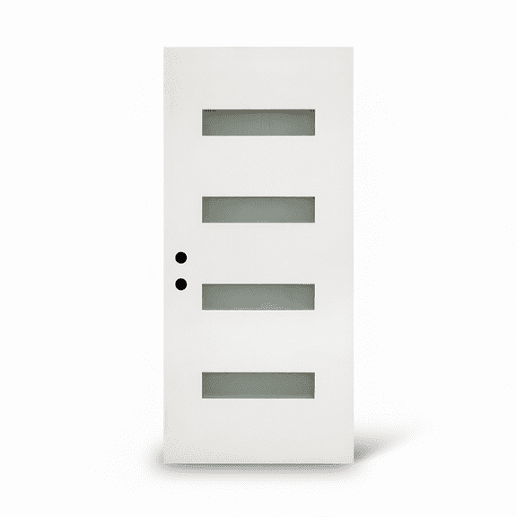 36 x 80 Fiberglass Entry Door Slab, White Knock-Down Front Door with 4-Lite Frosted Glass, Contemporary Right Hand Inswing