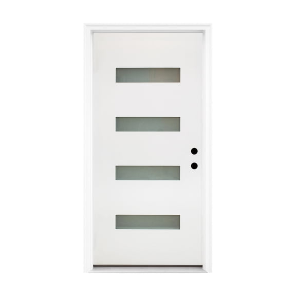 36 x 80 Fiberglass Entry Door, White Finish Knock-Down Fiberglass Door with New Packaging 4-9/16 Vinyl Frame, 4-Lite Frosted Glass - Contemporary Style for Home's Front Entrance, Left Hand Inswing