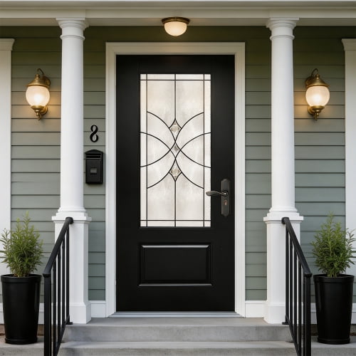 36" x 80" Fiberglass Front Door with Decorative Glass, Left-Hand Inswing Prehung Exterior Entry Door with 4-9/16" PVC Frame & Brickmould, Black