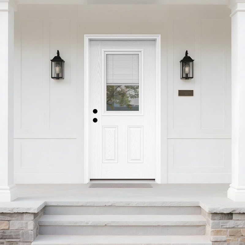 36" x 80" Fiberglass Front House Door with Built-in Adjustable Blinds Glass, Bronze Brush Finish, Right-Hand Inswing