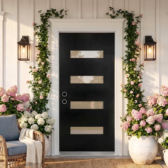 Sunrinx 36" x 80" Black Fiberglass Front Entry Door with Frosted Glass for Exterior Use, Right Hand Inswing, 4-9/16" White Vinyl Frame with Brickmould