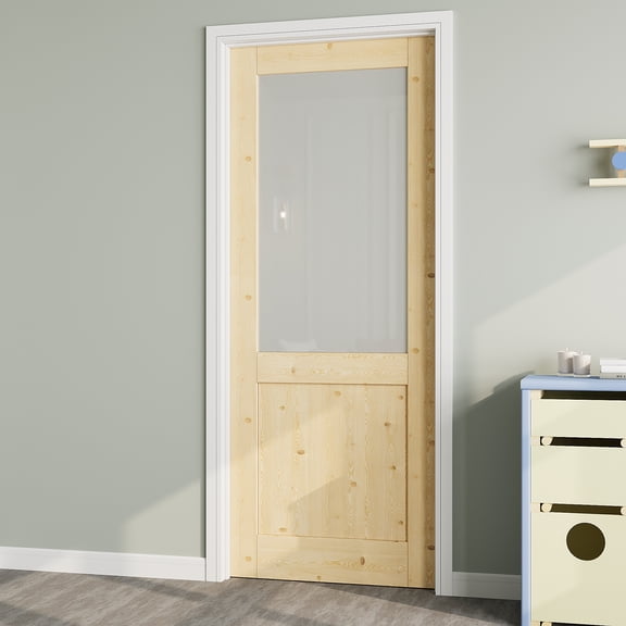 36" x 80" Half Panel Frosted Glass Pine Wood Interior Door Slab, Solid Door Panel as Barn Door, French Door, Prehung Door-as Panty Door, Closet Door, Unfinished Knotty Natural Wood & Ready-to-Stain