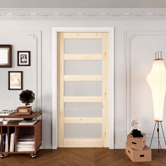 36" x 80" Interior Door 5-Lite Frosted Glass Pantry Door Slab Solid Manufactured Wood Primed Pine Standard Door Without Hardware