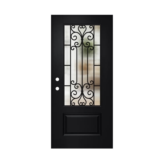 Fiberglass Entry Door Slab 36 x 80 in, Linear Textured Exterior Door with 3/4 Lite Wrought Iron Low-E Glass, Right Hand Inswing, Black