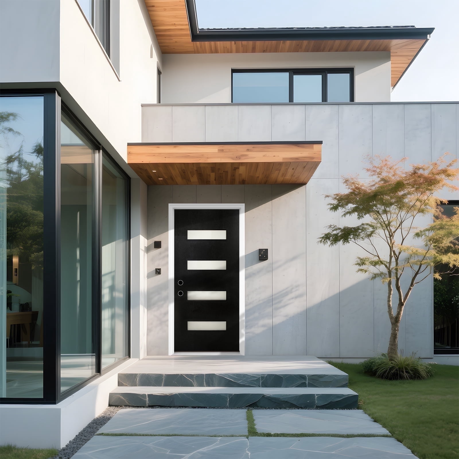 36" x 80" Modern Style Fiberglass Front Door with 4-Lite Frosted Glass ...