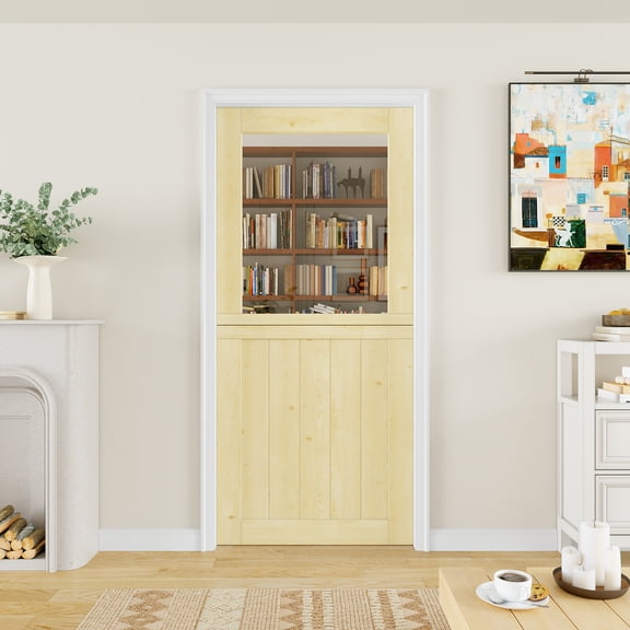 36" x 80" Qucik Assemble Jamb, Not Prehung, 1-Lite Split Dutch Door Unfinished Solid Pine Wood Clear Glass Slab Doors Half Interior Door