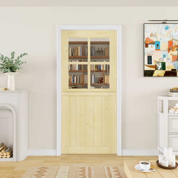 36" x 80" Qucik Assemble Jamb, Not Prehung, 4-Lite Split Dutch Door Unfinished Solid Pine Wood Clear Glass Slab Doors Half Interior Door