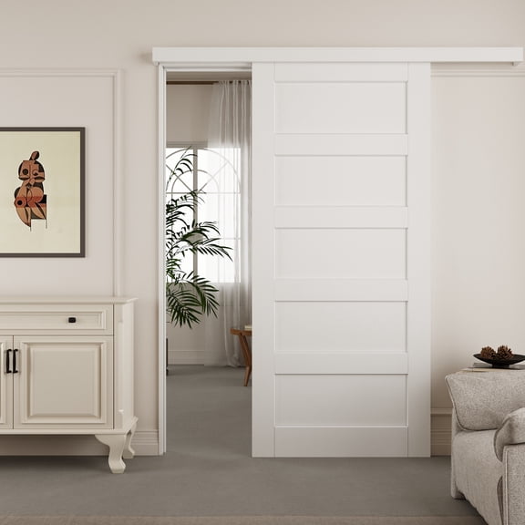 36" x 80" Ready-To-Install White Primed 5-Panel Barn Door With Hidden Track System Installation Hardware Kit