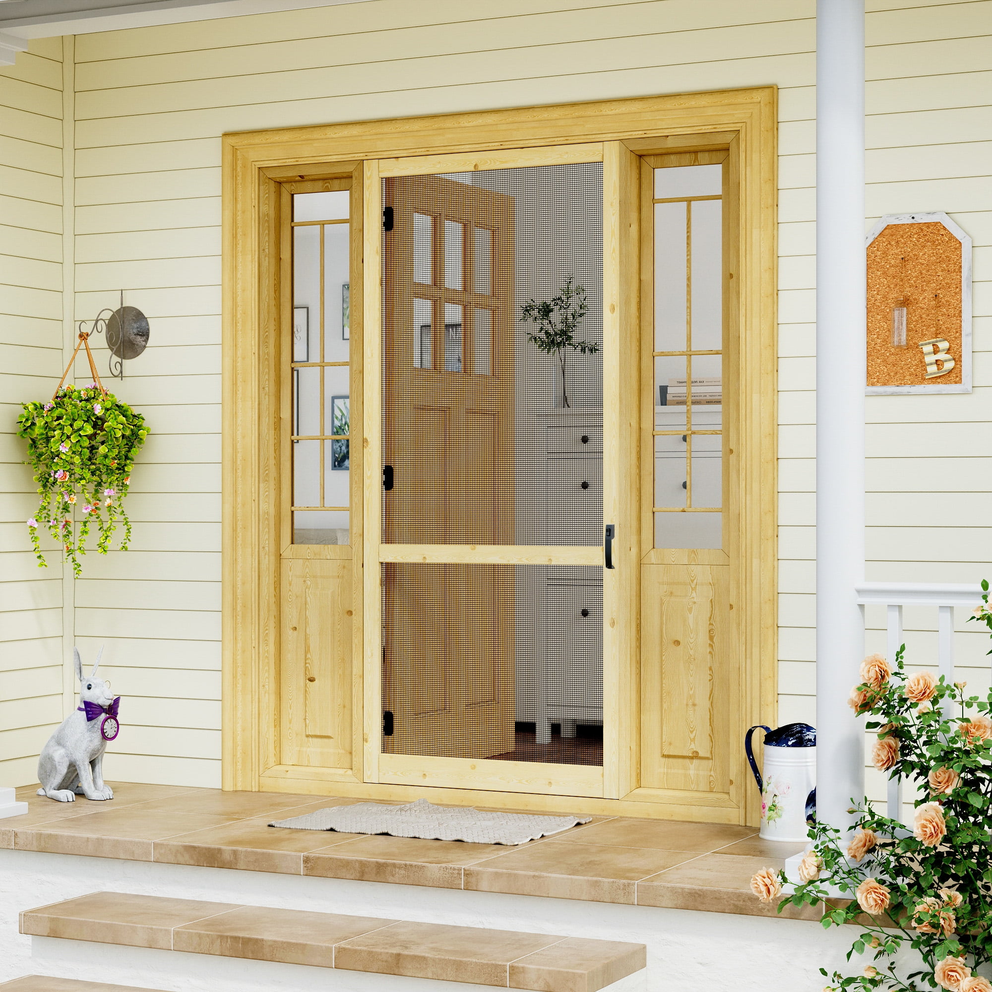 36" x 80" Screen Door Exterior Door Front Door Pine Wood Paintable Anti