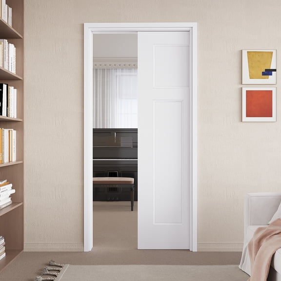 36" x 80" T Shape Pocket Door with Soft Close, Molded Solid Core Door Panel & Pocket Door Hardware & Frame, Bathroom Door, Bedroom Door, Pre-finished & Paintable, White