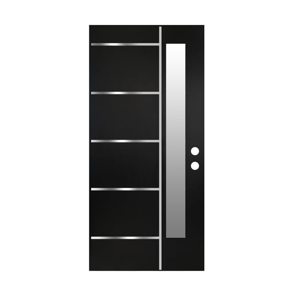 36 x 80 Textured Finished FRP Door Slab, Double-sided Frosted Glass Modern Style for Home's Front Door Slab,Left Hand Inswing Black Fiber Reinforced Panel Door Slab With Metal Strip