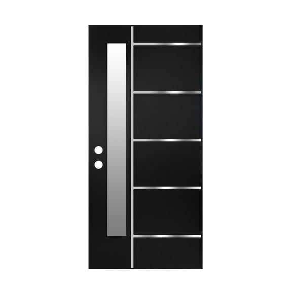 36 x 80 Textured Finished FRP Door Slab, Double-sided Frosted Glass Modern Style for Home's Front Door Slab,Right Hand Inswing Black Fiber Reinforced Panel Door Slab With Metal Strip