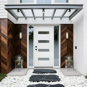 36" x 80" White Finished Fiberglass Entry Door，4-Lite Frosted Glass Low-E Glass，Vinyl Brickmould Frame, Right-Hand Inswing Design