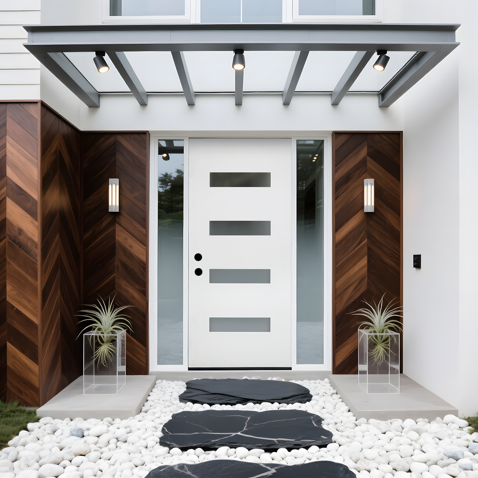 36" x 80" White Finished Fiberglass Entry Door，4-Lite Frosted Glass Low-E Glass，Vinyl Brickmould Frame, Right-Hand Inswing Design